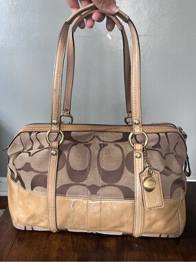 Coach Beige and Brown Signature Canvas Satchel